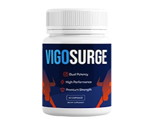 An image of a white supplement bottle with a blue and orange label featuring the brand name "Vigosurge" in bold text. The label highlights product benefits such as "Dual Potency," "High Performance," and "Premium Strength," and indicates that the bottle contains 60 capsules.
