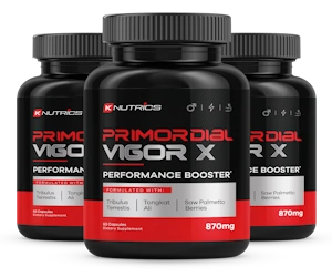 Query riuscita Gemini ha detto An image showing three identical black supplement bottles labeled "Primordial Vigor X Performance Booster" by the brand K Nutrics. The label features a red, white, and black color scheme, prominently displaying key ingredients: Tribulus Terrestris, Tongkat Ali, and Saw Palmetto Berries. Each bottle indicates a 870mg formula and contains 60 capsules.