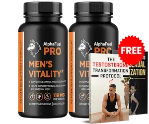 two black supplement bottles of AlphaFuel PRO Men's Vitality, an advanced support formula designed to support stamina, endurance, and sexual health in men. Each bottle contains 60 capsules with a dosage of 118 MG per serving. The product is shown alongside a "FREE" offer for digital guides, including "The Testosterone Transformation Protocol.