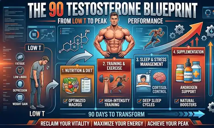 The 90-Day Testosterone Blueprint for Low T to Peak Performance Comprehensive infographic for "The 90 Testosterone Blueprint" illustrating the journey from Low T symptoms like fatigue and low libido to peak performance. The image highlights four key pillars: Nutrition & Diet (Optimized Macros), Training & Exercise (High-Intensity), Sleep & Stress Management (Cortisol Control), and Natural Supplementation (Androgen Support).