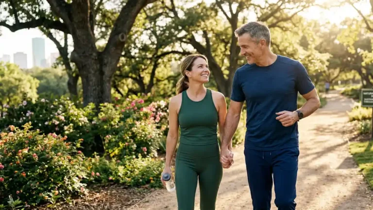 A vibrant, high-resolution lifestyle photograph of a healthy, athletic couple in their 40s walking hand-in-hand along a sun-drenched park trail. They are dressed in activewear, smiling at each other with energy and vitality. In the background, lush greenery and a soft city skyline are visible under warm, golden hour sunlight. The image conveys themes of cardiovascular health, natural stamina, and a strong physical connection between partners, perfectly suited for a wellness article on male vitality.