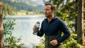 A high-quality, realistic lifestyle photograph of a fit, middle-aged man jogging through a serene forest path near a mountain lake. He is holding a reusable glass water bottle with the brand name "MACHIVOX" subtly printed on it. The scene conveys health, vitality, and a conscious lifestyle, with natural sunlight filtering through the trees, emphasizing a premium and wellness-focused atmosphere.