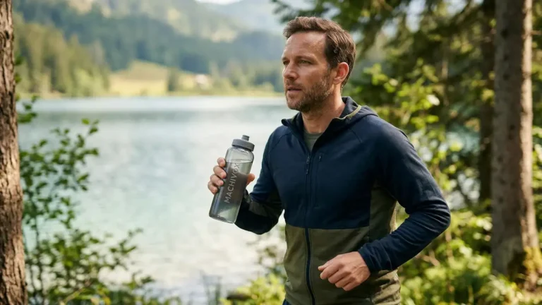 Impact of Microplastics on Male Hormonal Health A high-quality, realistic lifestyle photograph of a fit, middle-aged man jogging through a serene forest path near a mountain lake. He is holding a reusable glass water bottle with the brand name "MACHIVOX" subtly printed on it. The scene conveys health, vitality, and a conscious lifestyle, with natural sunlight filtering through the trees, emphasizing a premium and wellness-focused atmosphere.