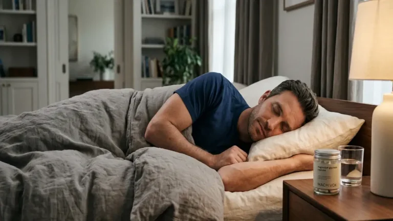 Man sleeping soundly in a modern bedroom with Machivox magnesium glycinate on the nightstand for men's wellness.