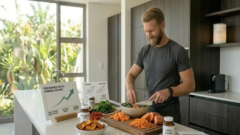 Sweet Potatoes and Libido: Why This Carb Is a Performance Essential Fit Caucasian man in a bright modern kitchen preparing sweet potatoes and fresh vegetables, emphasizing performance nutrition for men over 50. Machivox branding subtly integrated on a wooden cutting board and a glowing lantern, featuring minimalist hormone health charts and 'Libido Anchor' supplements to illustrate natural energy biohacking.