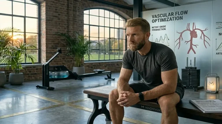 Fit Caucasian man in his 40s sitting on a weight bench in a high-end industrial gym, embodying peak vascular health. In the background, a frosted glass partition displays technical 'Vascular Flow Optimization' and 'Nitric Oxide Production' charts. Machivox branding is subtly integrated on the bench, equipment, and a nutrition notebook, capturing a moment of focused recovery and biohacking science.