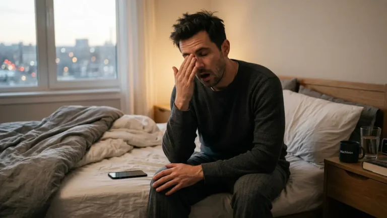Why You Wake Up Tired Even After 8 Hours of Sleep High-quality, realistic photograph of a tired man in his 30s sitting on the edge of his bed in a modern, dimly lit bedroom during early morning. He is rubbing his eyes and yawning, appearing exhausted despite the morning light filtering through the window. On the wooden nightstand next to him, there is a digital clock showing 06:47 and a minimalist black coffee mug with the discreet brand name 'Machivox' printed on it. The scene captures a premium, cinematic atmosphere focused on men's wellness and the struggle with sleep quality.
