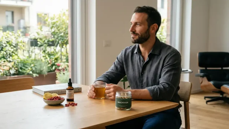 A high-quality, realistic lifestyle photograph of a confident middle-aged man sitting at a wooden table in a bright, modern interior. He is enjoying a moment of wellness with a cup of herbal tea. On the table, there is a premium glass jar of supplements featuring the 'Machivox' brand label, alongside natural ingredients like goji berries, lemon, and an amber dropper bottle. The atmosphere is calm and sophisticated, focusing on male vitality and natural health."