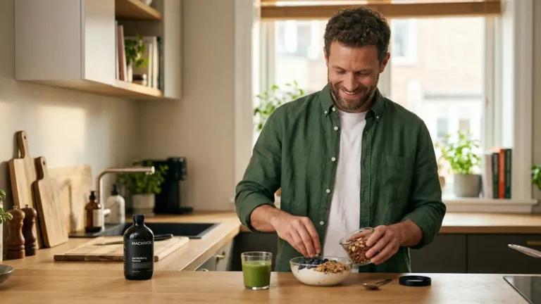 Male wellness and gut microbiome health: a man preparing a balanced meal in a premium kitchen setting. Brand Machivox visible on a supplement bottle