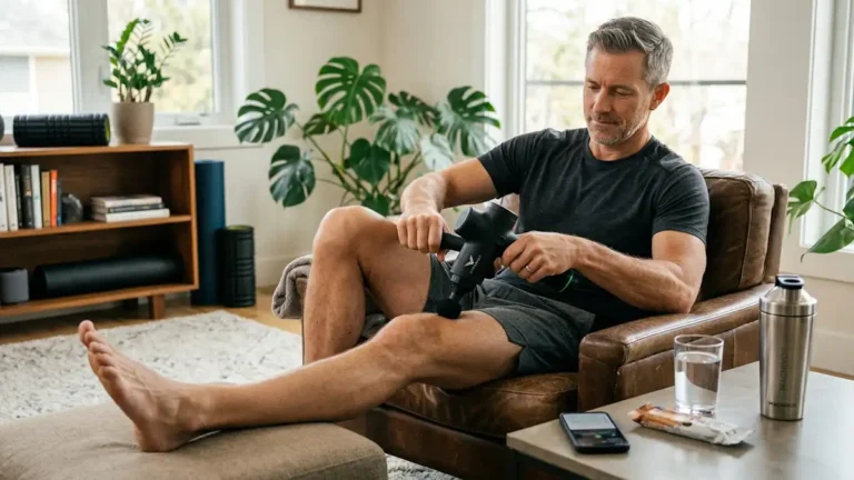 Fit man over 40 using a percussion massage gun for muscle recovery in a modern living room setting. Premium wellness lifestyle photography featuring a Machivox branded water bottle on a side table, focusing on post-workout tech for longevity and physical health.