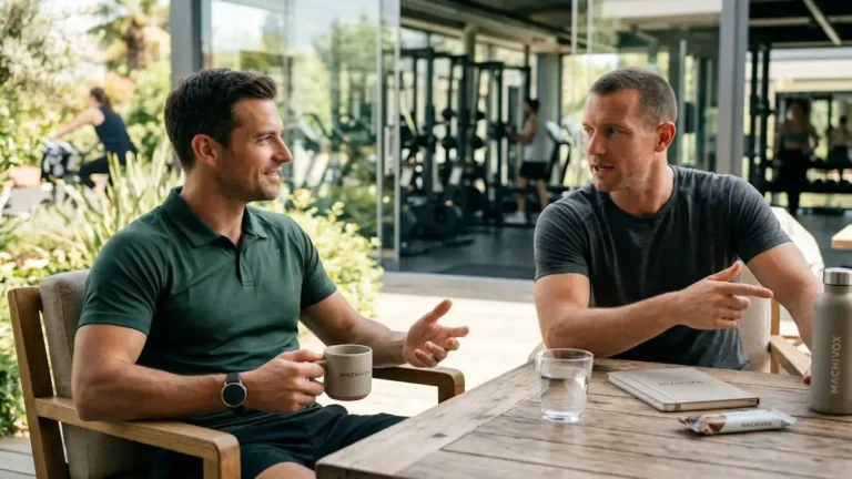 High-quality lifestyle photography of two fit men in a deep conversation about men's health, with subtle Machivox branding on a mug and water bottle in a bright, premium setting.