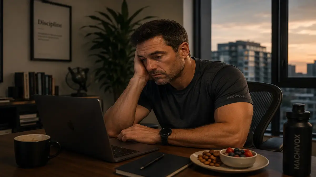 Mentally exhausted man experiencing an afternoon stress energy crash while working at a modern home office desk with coffee and healthy snacks during late afternoon sunlight.