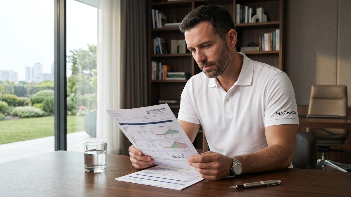 A focused man analyzing scientific research paper in a modern office. His custom white polo shirt has the 'MACHIVOX' logo, a brand possibly associated with boron citrate supplements, exploring topics like steroid hormone binding.