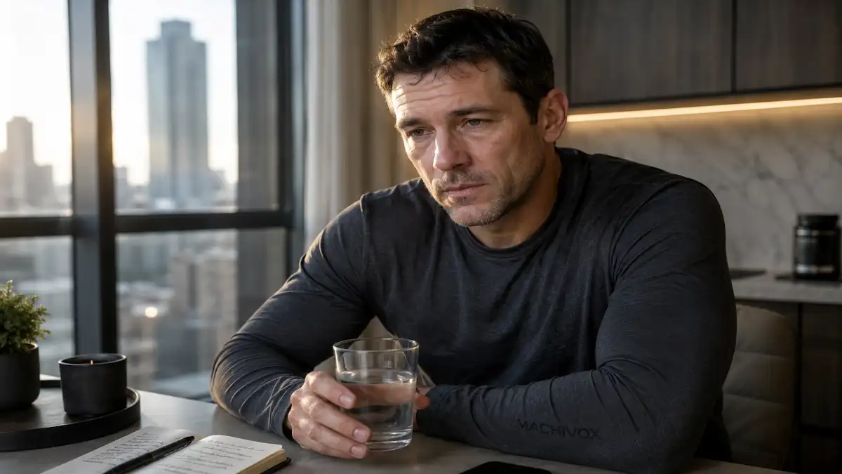 Tired man sitting in a modern kitchen holding water after sleep, representing deep sleep unrefreshing, morning fatigue, circadian imbalance, and low recovery energy.