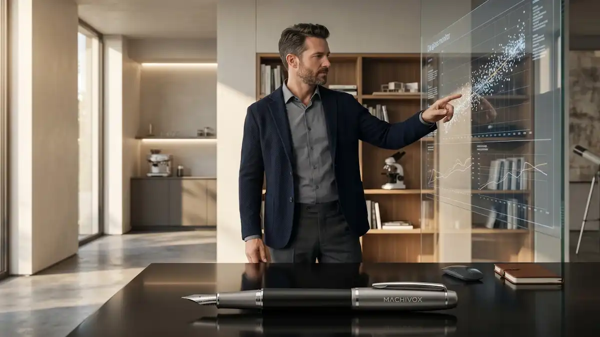 A sophisticated man analyzing physiological data on a high-tech monitor next to a MACHIVOX engraved fountain pen, representing elite knowledge and the optimization of natural pathways.