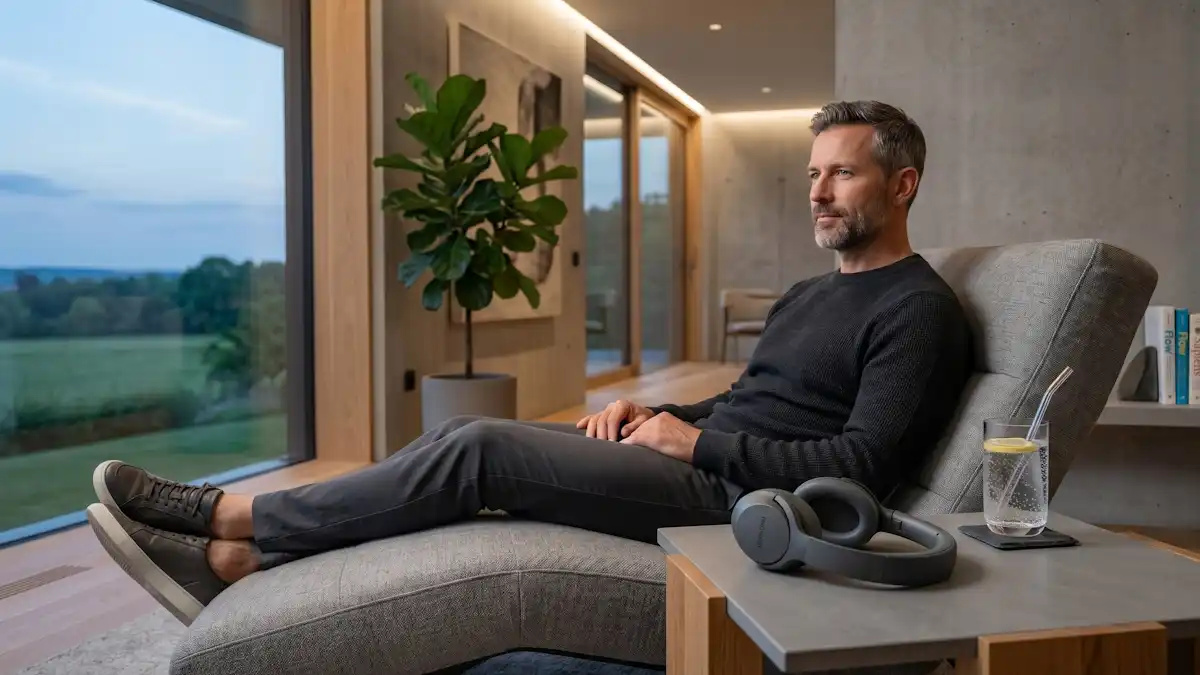 A successful man in his 40s practicing active recovery in a luxury lounge, featuring a laser-etched MACHIVOX headset to signify neural recovery and proactin feedback loop attenuation.