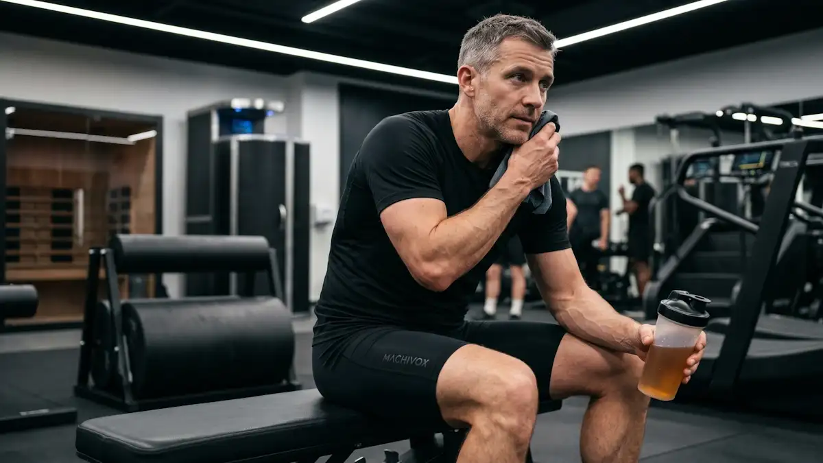 A focused man in his early 40s wearing Machivox compression shorts, holding an electrolyte shaker in a high-tech gym to support physiological systems, metabolic efficiency, and agmatine sulfate nitric oxide flux.