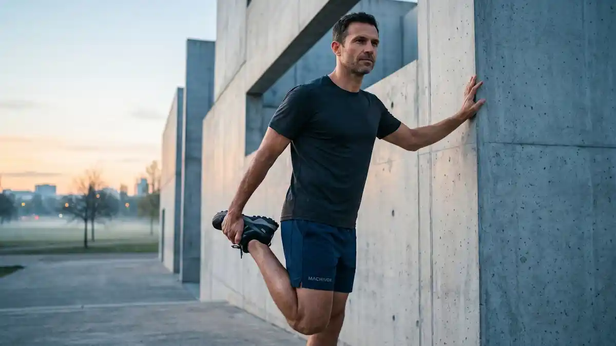 High-end cinematic lifestyle photograph of a vital, athletic man in his early 40s stretching at dawn next to a minimalist concrete structure, wearing custom Machivox performance shorts optimizing cordyceps ATP synthesis for sustained energy.