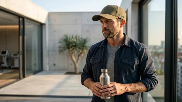 An athletic man wearing a MACHIVOX tactical cap in a sun-drenched minimalist space, representing masculine energy and the physiological focus on optimizing luteinizing hormone signaling.