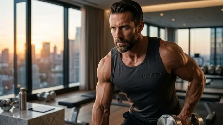 A focused athlete wearing a MACHIVOX charcoal compression tank top during a high-intensity training session in a luxury gym, designed to visualize the process of upregulating androgen receptor density through mechanical tension.