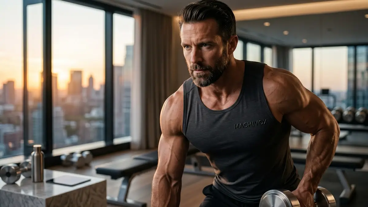 A focused athlete wearing a MACHIVOX charcoal compression tank top during a high-intensity training session in a luxury gym, designed to visualize the process of upregulating androgen receptor density through mechanical tension.
