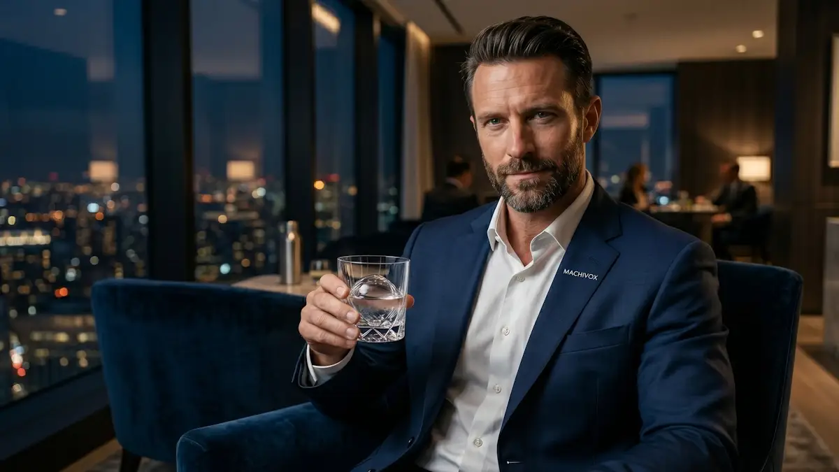 A sophisticated man in a tailored blazer with a MACHIVOX lapel pin, holding a crystal glass in a luxury lounge, symbolizing the calm confidence associated with shbg modulation and free testosterone flow optimization.
