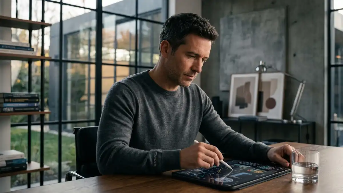 A sharp, composed man in his early 40s wearing a premium Machivox graphite grey sweater while reviewing scientific data to optimize hpa axis balance with ksm 66 ashwagandha in a minimalist luxury study room.