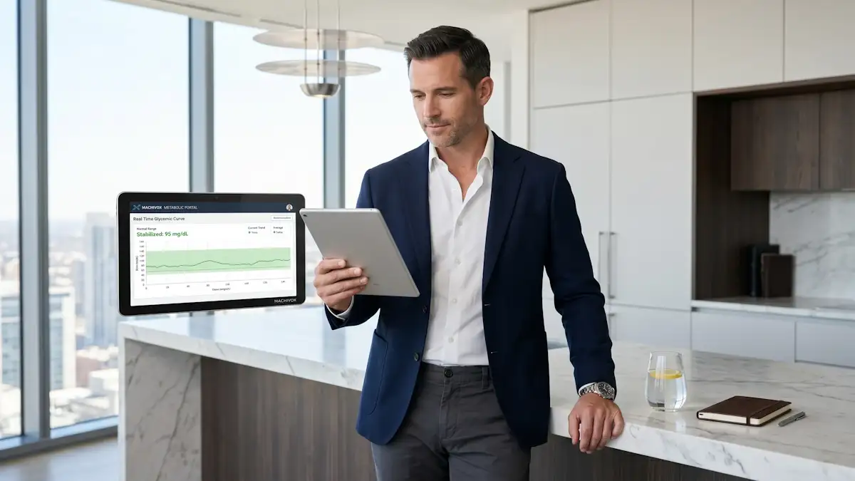 High-end lifestyle photograph of a professional executive in a modern penthouse kitchen, reviewing real-time data for post prandial glycemic response modulation on a MACHIVOX branded tablet.