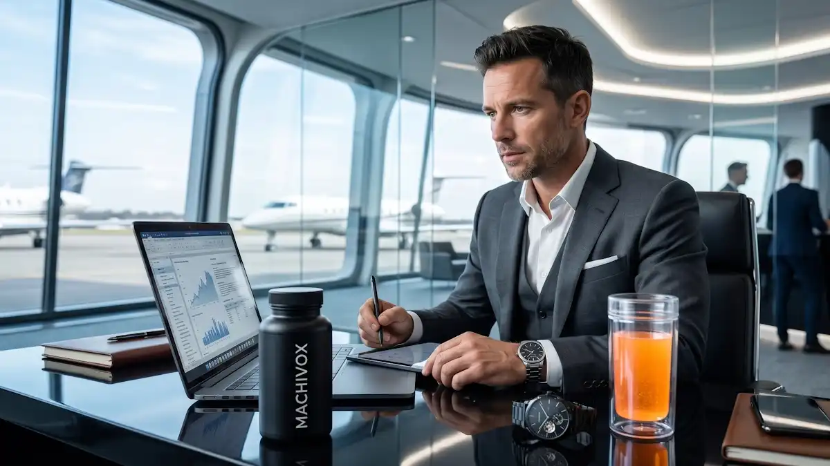 A sophisticated professional in a high-end aviation lounge using Machivox exogenous ketones as brain fuel substrates to optimize cognitive performance and physiological focus.