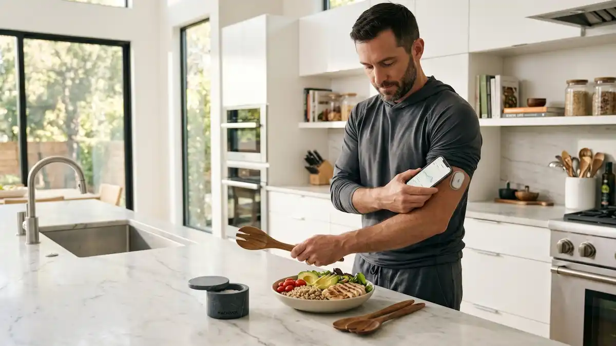 Fit professional man in a modern kitchen monitoring metabolic health via a continuous glucose monitor (CGM) next to a Machivox designer salt cellar, emphasizing high-performance nutrition and glucose clearance.