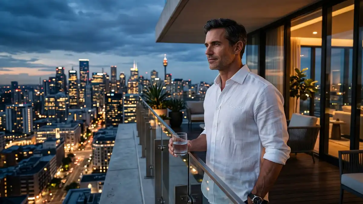 A composed man in his 40s wearing a custom white linen Machivox shirt, symbolizing peak vitality and a focus on how to optimize vascular blood flow mechanisms while overlooking a twilight city skyline.