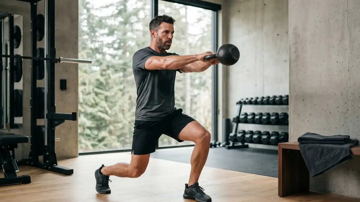 A sharp, focused man in his late 30s performing a kettlebell lunge in a minimalist home gym, symbolizing peak physical vitality and optimized alpha reductase enzymatic signaling for hormonal health.