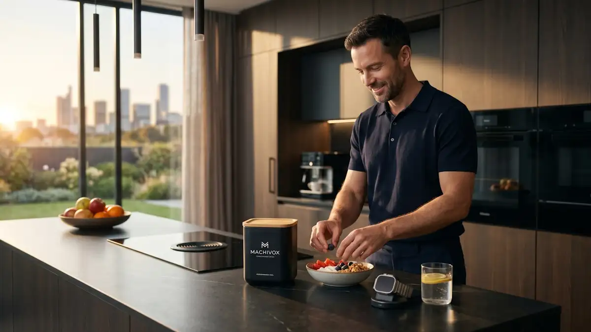 A sophisticated man in a luxury kitchen at sunrise, preparing a breakfast that supports physiological systems alongside a premium Machivox container, illustrating a lifestyle centered on liver glycogen resynthesis optimization.