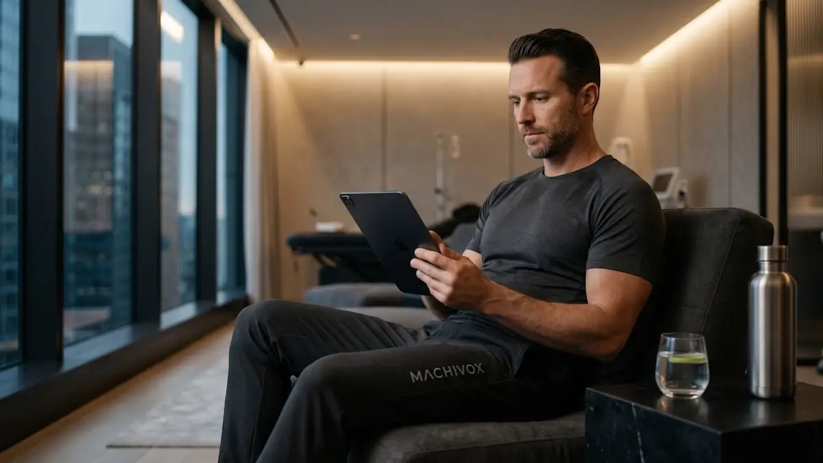 A sophisticated man in premium Machivox athletic joggers reviewing physiological data on a glass tablet in a minimalist luxury suite, emphasizing metabolic pathway support for peak recovery and biological restoration.