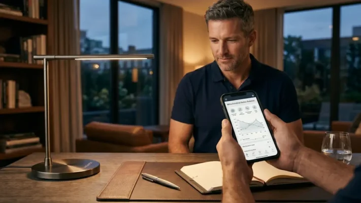 A professional man in a minimalist study reviewing a mitochondrial redox balance chart on a smartphone, representing the intersection of metabolic optimization and scientific precision in the Machivox ecosystem.