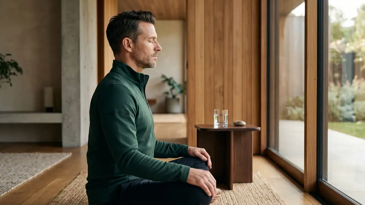 A cinematic lifestyle photograph of a focused man in his 40s wearing a custom forest green Machivox athletic jacket, practicing mindfulness in a minimalist luxury sanctuary to support physiological systems.