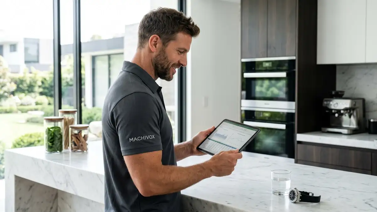 A focused man in a Machivox charcoal grey polo shirt reviewing performance data in a high-tech kitchen, representing biological precision and the optimization of natural pathways through Fadogia Agrestis.