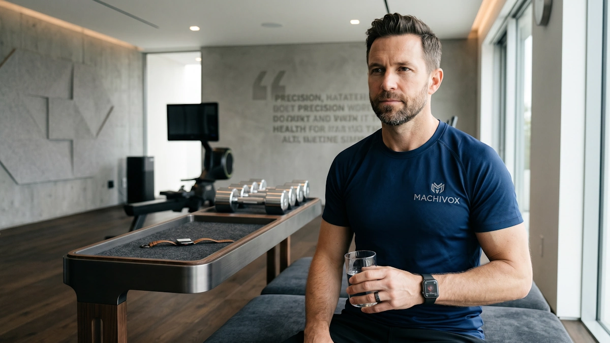 A focused man in a luxury home gym wearing a Machivox performance shirt, representing peak metabolic health supported by NMN bioavailability and NAD precursors.