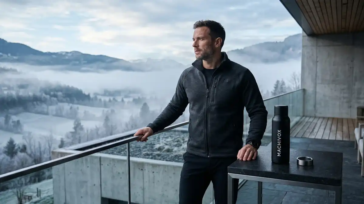 A sharp, athletic man in his late 30s standing on a cold, misty outdoor terrace, illustrating brown adipose tissue thermogenic activation through environmental exposure. Next to him sits a premium matte-black MACHIVOX thermal flask and a minimalist fitness tracking ring on a stone table.