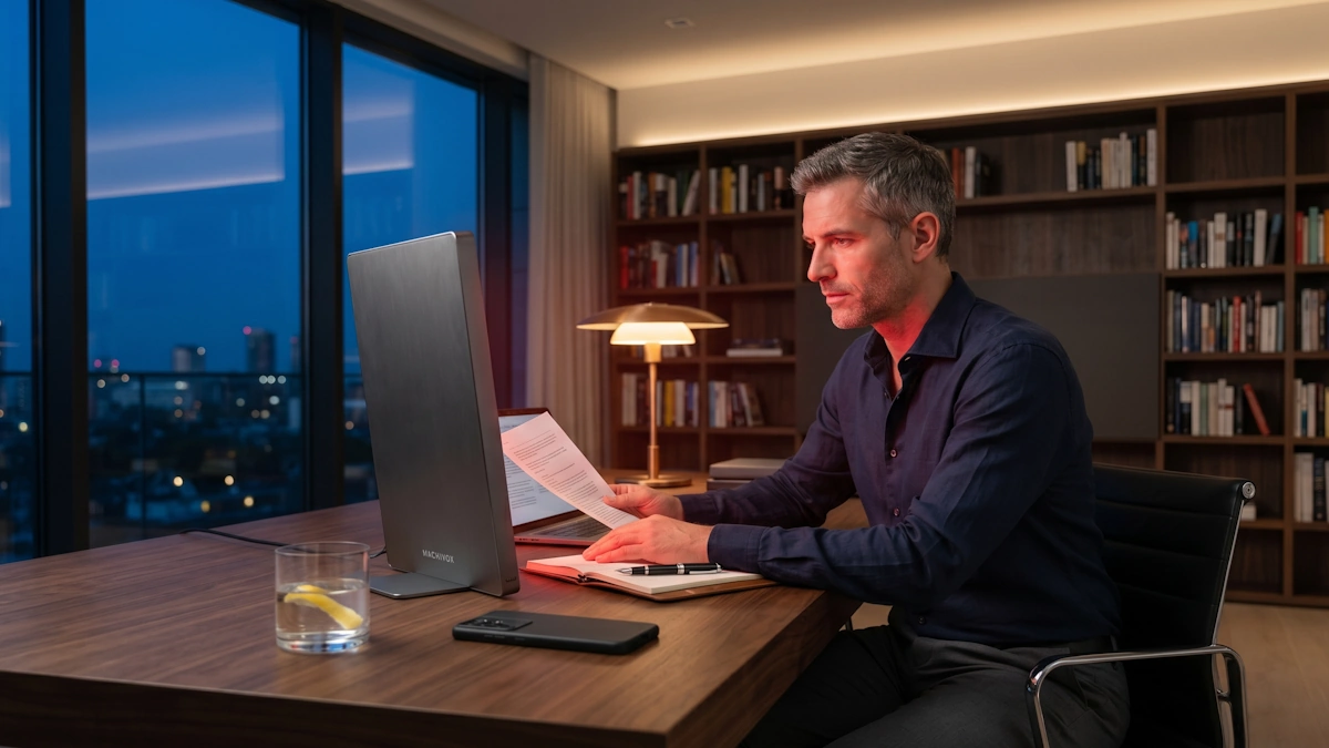 A focused man in his 40s using a MACHIVOX photobiomodulation device in a luxury library at twilight to support mitochondrial biogenesis via PGC-1alpha pathways, featuring high-end minimalist design.