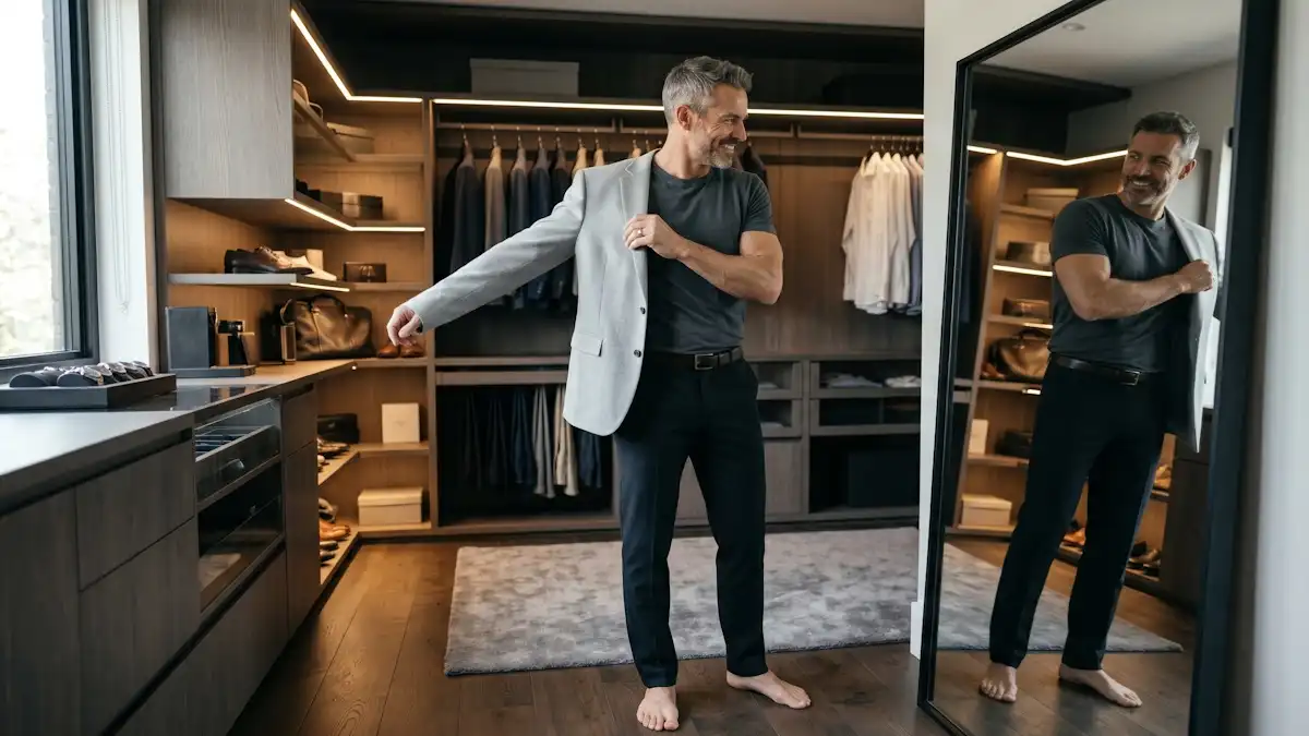 Cinematic lifestyle photograph of a fit man in his 40s wearing a premium Machivox tailored blazer in a luxury closet, symbolizing metabolic vitality and optimized physiological systems.