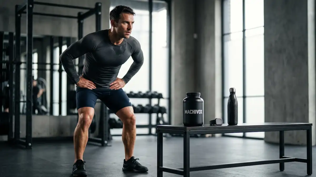 Athletic man in a luxury minimalist gym next to a MACHIVOX supplement bottle, optimized for supporting natural pathways of fatty acid oxidation and carnitine shuttling during high-intensity training.