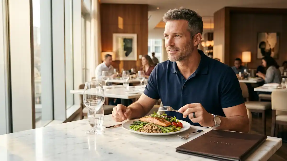 A fit, middle-aged man in a tailored polo dining in a sunlit restaurant, wearing a Machivox smart ring while eating a nutrient-dense meal to support physiological systems and metabolic health.