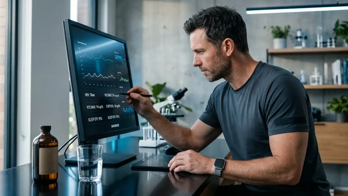 A focused man in his early 40s analyzing cellular biomarkers on a digital screen, optimizing natural pathways with Machivox Tongkat Ali and essential free testosterone co-factors for physiological support.