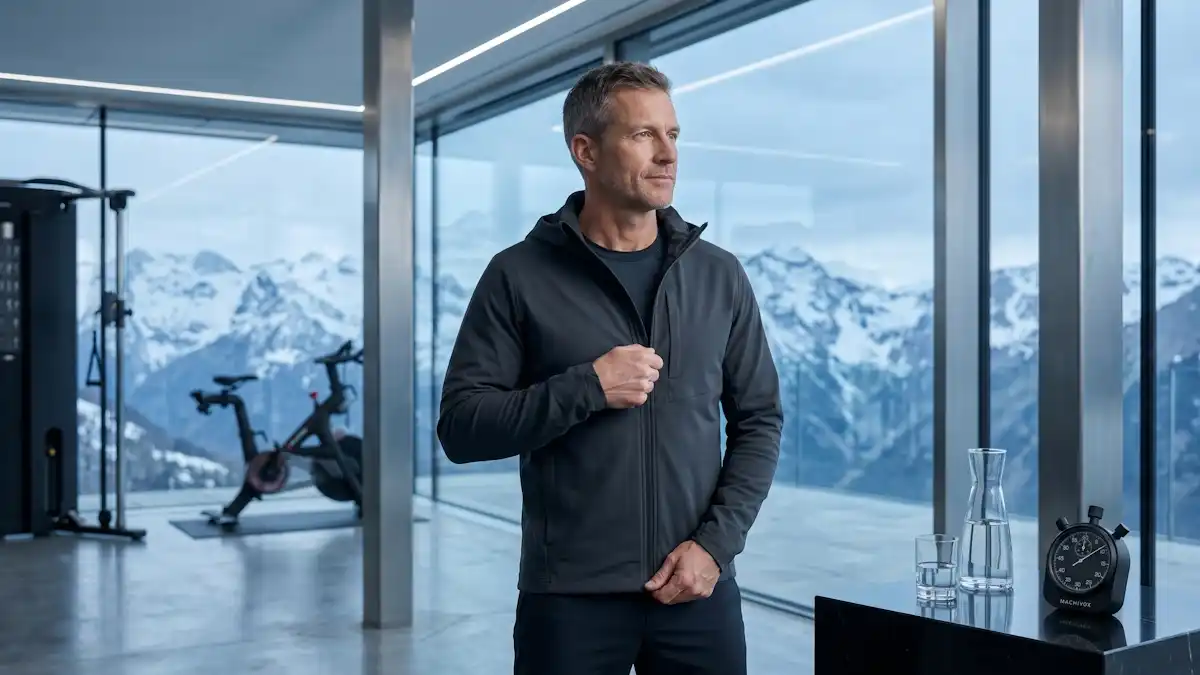 A sharp man in his 40s in a luxury glass-walled home gym overlooking a cold mountain landscape, symbolizing peak discipline and optimal physiological pathways through AMPK activation for nutrient partitioning.