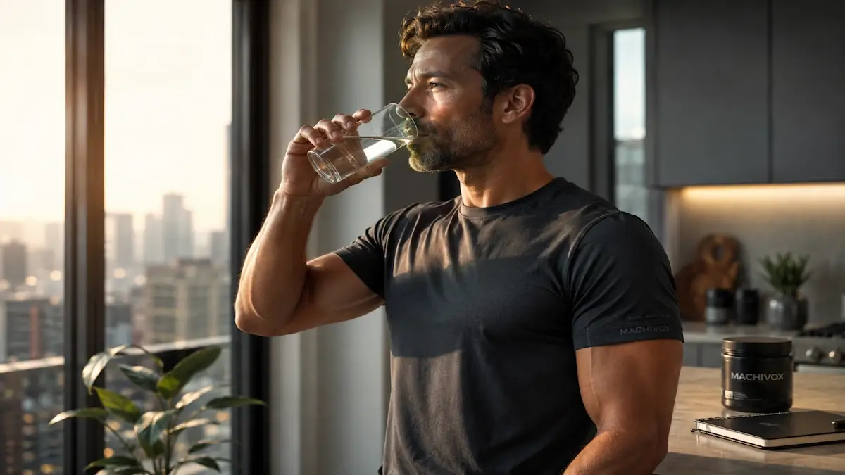 Healthy athletic man drinking water during sunrise inside a modern apartment, supporting morning light cortisol timing, circadian rhythm alignment, and optimized morning energy regulation in a premium wellness lifestyle.