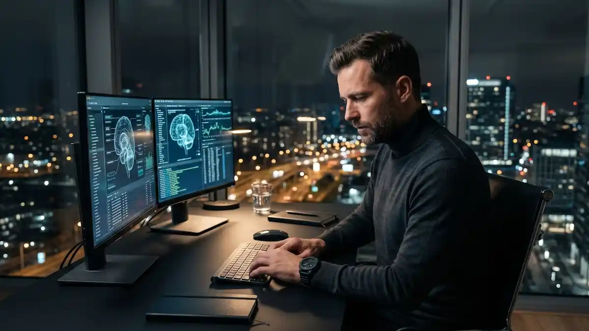 Focused male executive in a high-end penthouse workspace analyzing neurological architecture data streams on dual screens for cognitive optimization.