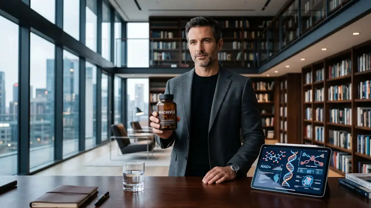 A sharp, intelligent man in an ultra-modern library holding a premium Machivox supplement bottle, symbolizing high-end longevity science and the optimization of natural pathways through spermidine autophagy induction pathways.