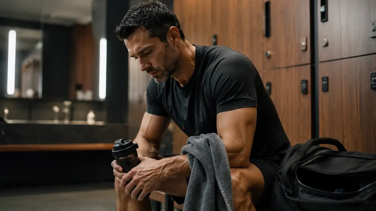 Athletic middle-aged man resting in a premium gym locker room after training, illustrating stress load muscle recovery, training fatigue, recovery capacity, and long-term performance sustainability.