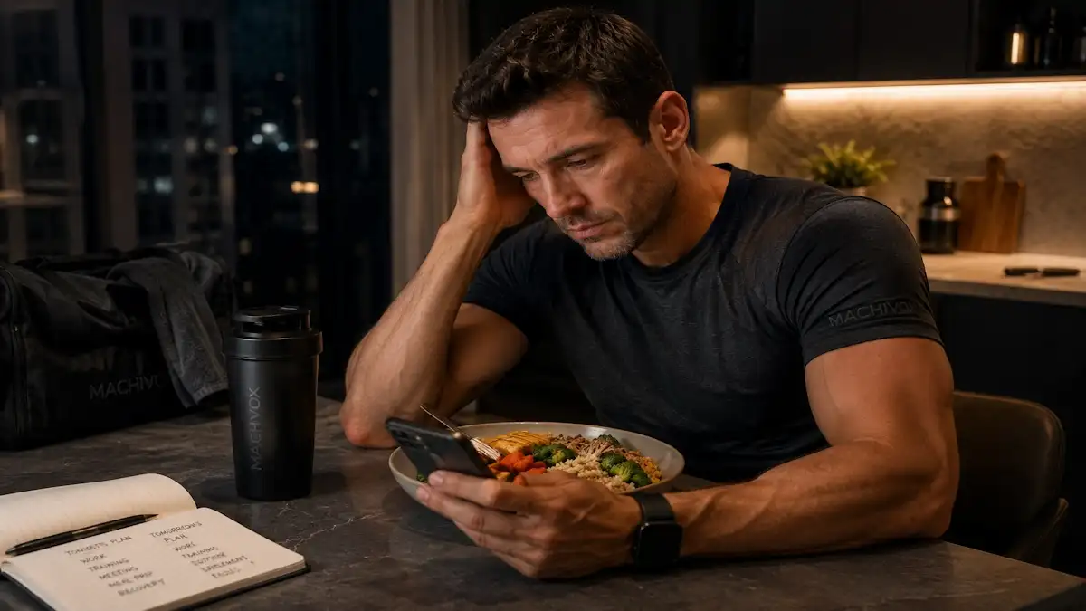Athletic man sitting exhausted in a modern kitchen after workout, illustrating stress weight gain active men, metabolic fatigue, poor recovery, and chronic stress load.
